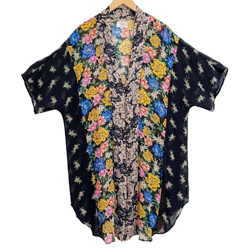 Johnny Was Jade Amar Mixed Material Floral Silk Button Down Shirt Dress Small